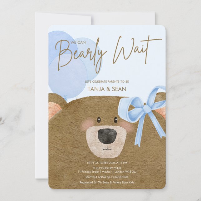 Blue Teddy We Can Bearly Wait Boy Baby Shower Invitation (Front)