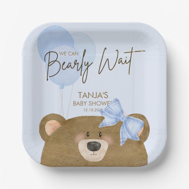 Blue Teddy We Can Bearly Wait Boy Baby Shower Paper Plates (Front)