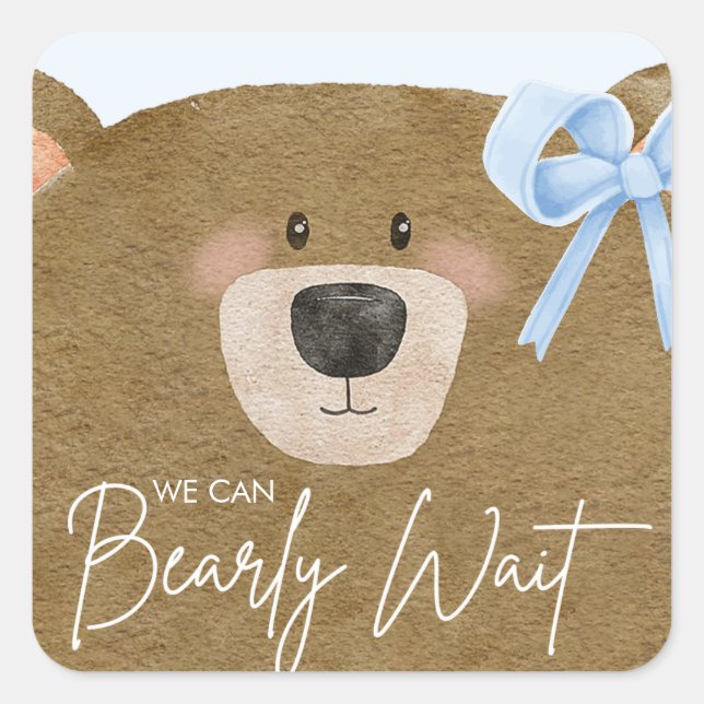 Blue Teddy We Can Bearly Wait Boy Baby Shower Square Sticker (Front)