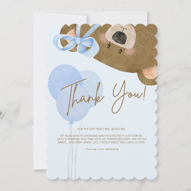 Blue Teddy We Can Bearly Wait Boy Baby Shower Thank You Card (Front)