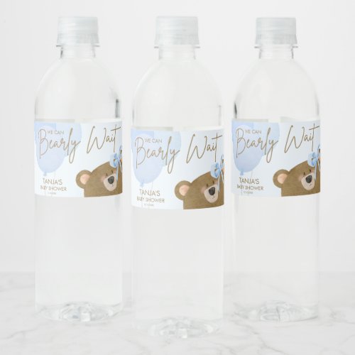 Blue Teddy We Can Bearly Wait Boy Baby Shower Water Bottle Label