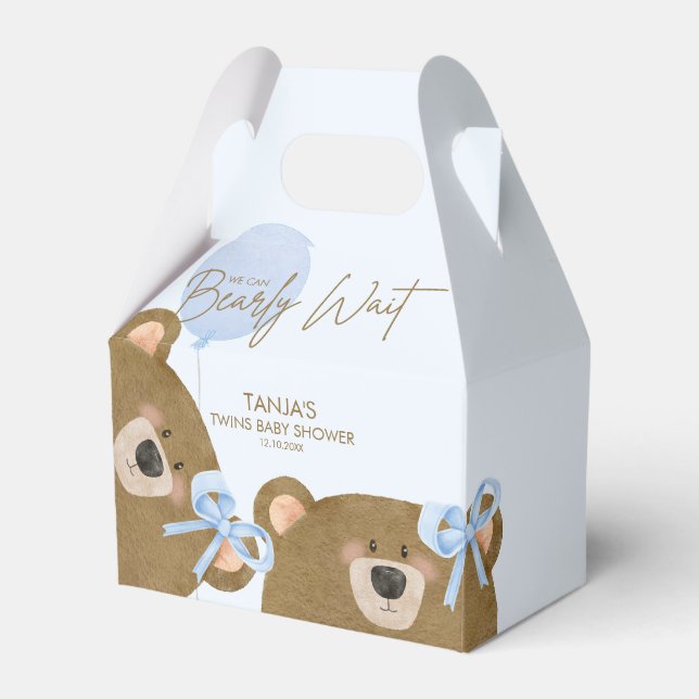 BLue Teddy We Can Bearly Wait Twins Baby Shower Favor Boxes (Front Side)