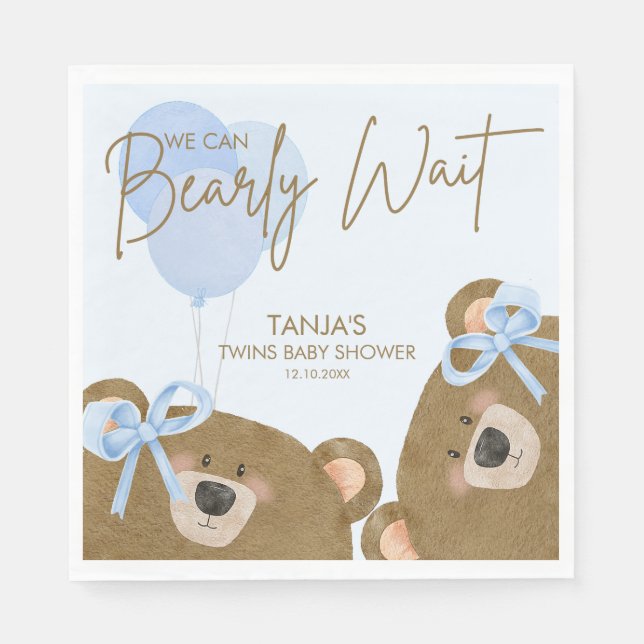 Blue Teddy We Can Bearly Wait Twins Baby Shower Napkins (Front)