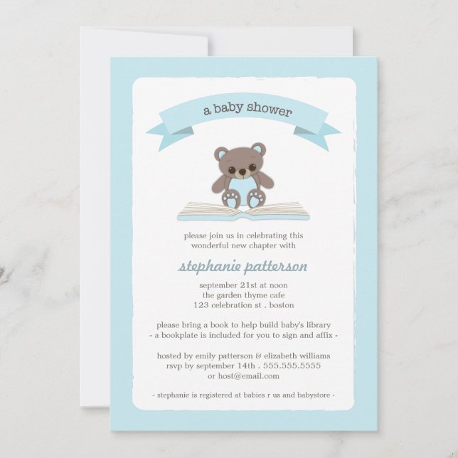 Blue Teddybear Bring a Book Baby Shower Invitation (Front)
