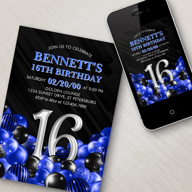 Blue Teen Boy 16th Birthday Invitation (Creator Uploaded)