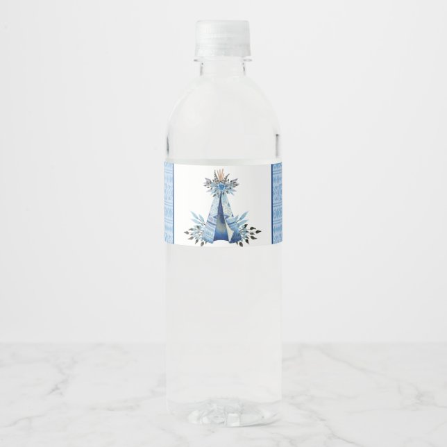 Blue Teepee Tribal Boho Water Bottle Labels (Front)