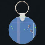 Blue Tennis Court Modern Tennis Player       Keychain<br><div class="desc">Personalized classic tennis court design in blue with classic, chic, preppy & elegant tennis rackets and green tennis balls. Simple, minimalist gift for your tennis coach or tennis team. Personalized Gift for a tennis player. Blue tennis court illustration. Trendy tennis players home decor. Trendy modern tennis player gifts. Cool retro...</div>