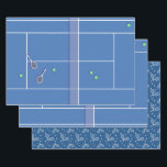 Blue Tennis Court Preppy Modern Tennis Player    Wrapping Paper Sheets<br><div class="desc">Personalized classic tennis court design in blue with classic, chic, preppy & elegant tennis rackets and green tennis balls. Simple, minimalist gift for your tennis coach or tennis team. Personalized Gift for a tennis player. Blue tennis court illustration. Trendy tennis players home decor. Trendy modern tennis player gifts. Cool retro...</div>