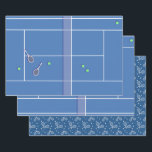 Blue Tennis Court Preppy Modern Tennis Player    Wrapping Paper Sheets<br><div class="desc">Personalized classic tennis court design in blue with classic, chic, preppy & elegant tennis rackets and green tennis balls. Simple, minimalist gift for your tennis coach or tennis team. Personalized Gift for a tennis player. Blue tennis court illustration. Trendy tennis players home decor. Trendy modern tennis player gifts. Cool retro...</div>