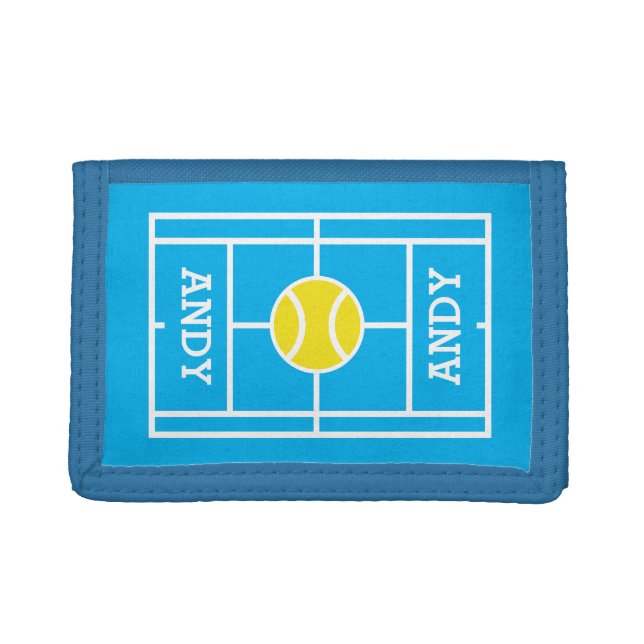 Blue tennis court velcro tri fold wallet for kids (Front)