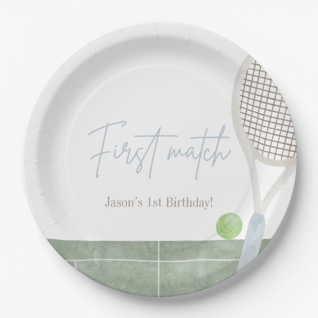 Blue Tennis First Birthday Boy Preppy Classic  Paper Plates (Front)