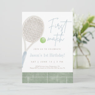 Blue Tennis First Birthday Party Invitation