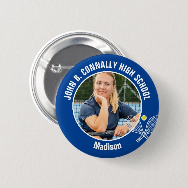 Blue Tennis Player Photo High School Spirit Button (Front & Back)