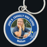 Blue Tennis Player Photo High School Spirit Keychain<br><div class="desc">This cool customized high school tennis player photo gift features white typography of your team and player name on a blue keychain with a cute tennis ball and rackets icon. Personalize with your student's photograph and class year as a proud sports parent.</div>
