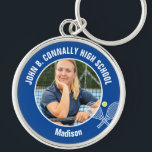 Blue Tennis Player Photo High School Spirit Keychain<br><div class="desc">This cool customized high school tennis player photo gift features white typography of your team and player name on a blue keychain with a cute tennis ball and rackets icon. Personalize with your student's photograph and class year as a proud sports parent.</div>