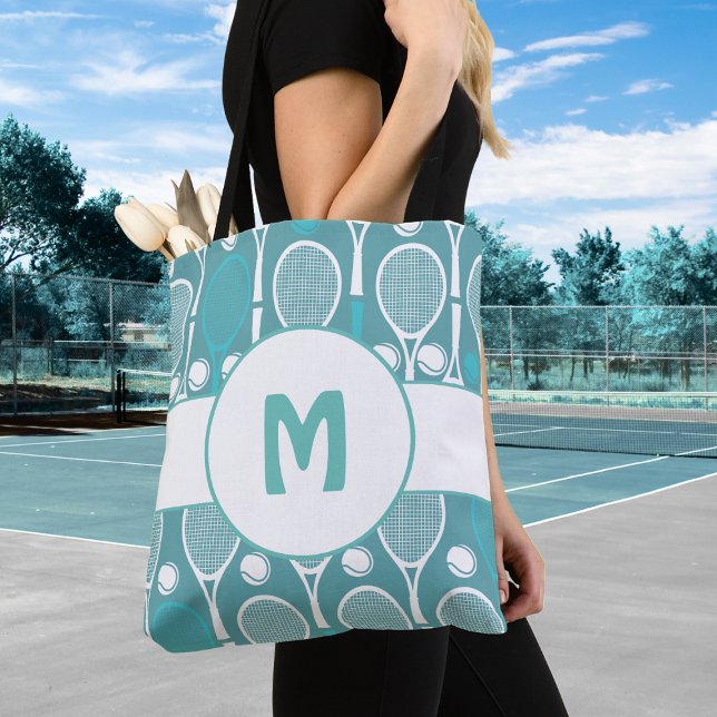 Blue Tennis Racket Pattern Monogram Tote Bag (Creator Uploaded)