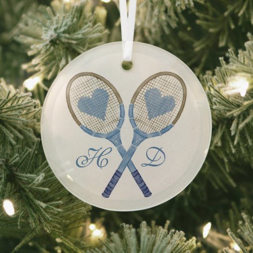 Blue Tennis Rackets With Hearts Glass Ornament