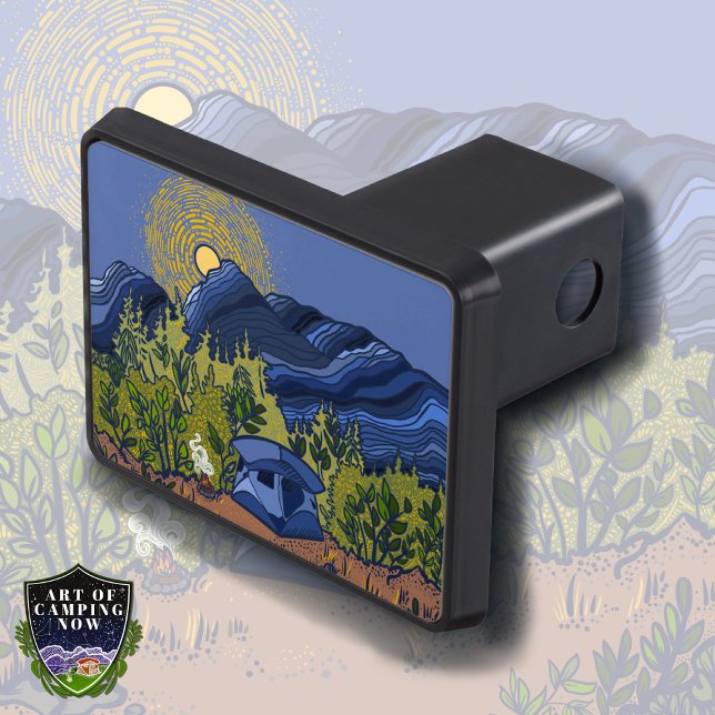 Blue tent and campfire camping trip hitch cover (Creator Uploaded)