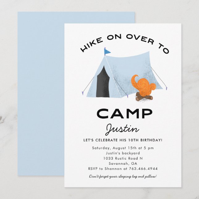 Blue Tent Camping Birthday Party Invitation (Front/Back)