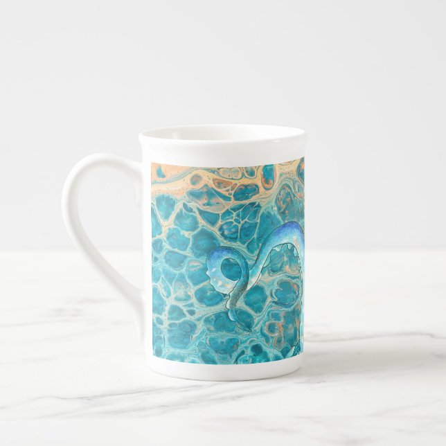 Blue Tentacles Octopus Kraken Abstract Teal Ink Bone China Mug (Left)