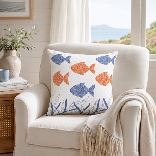 Blue & Terracotta Fish Coastal Throw Pillow