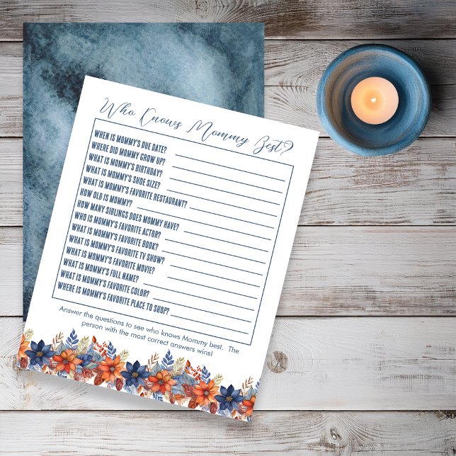 Blue Terracotta Floral Baby Shower Who Knows Mommy (Boho Blue and Terracotta Fall |  Autumn Floral Boy Baby Shower "Who Knows Mommy Best" Game)