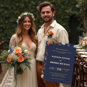 Blue Terracotta Floral Wedding Gold Foil Invitation