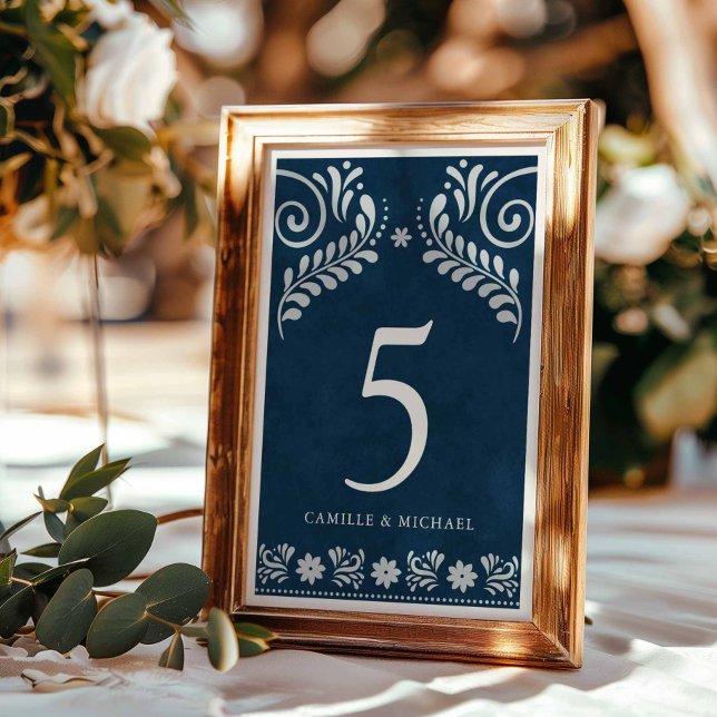Blue Terracotta Mexican Wedding Table Number (Blue Papel Picado Mexican Table Number Card)