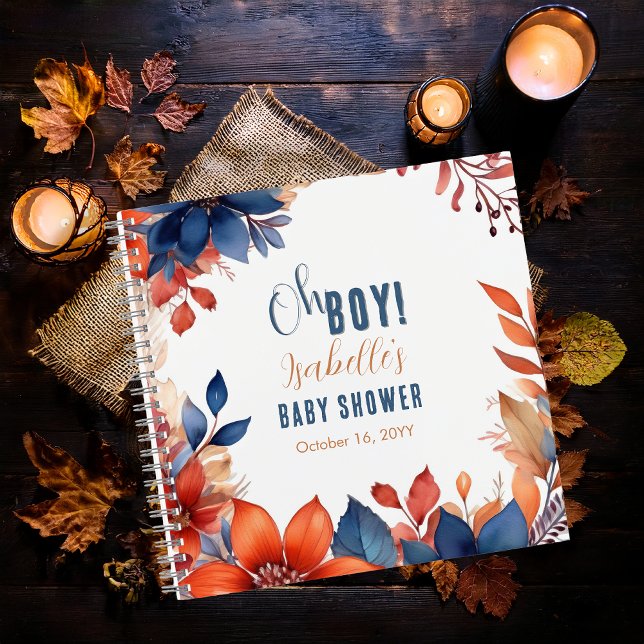 Blue Terracotta Oh Boy Fall Baby Shower Guestbook Notebook (Boho Blue and Terracotta Fall |  Autumn Floral "Oh Boy!" Baby Shower Guest Book Notebook)
