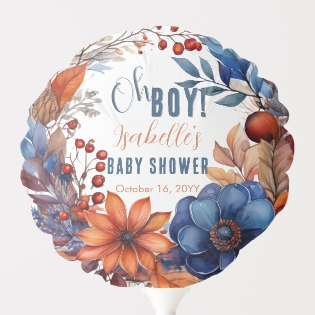 Blue | Terracotta Oh Boy Fall Floral Baby Shower Balloon (Front)