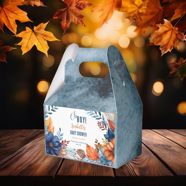 Blue | Terracotta Oh Boy Fall Floral Baby Shower Favor Boxes (Boho Blue and Terracotta Fall |  Autumn Floral "Oh Boy!" Baby Shower Gabled Favor Box)