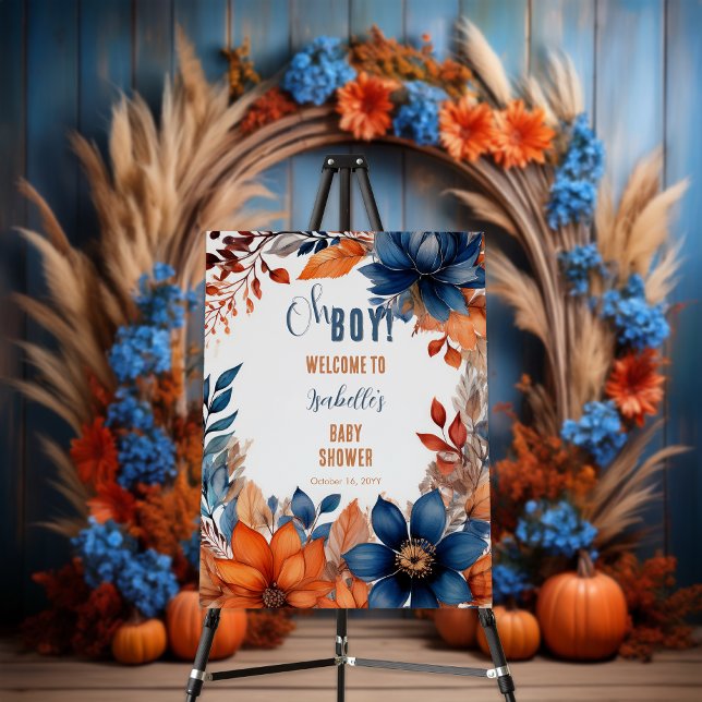 Blue | Terracotta Oh Boy Fall Floral Baby Shower Foam Board (Boho Blue and Terracotta Fall |  Autumn Floral "Oh Boy!" Baby Shower Foam Board Poster Sign)