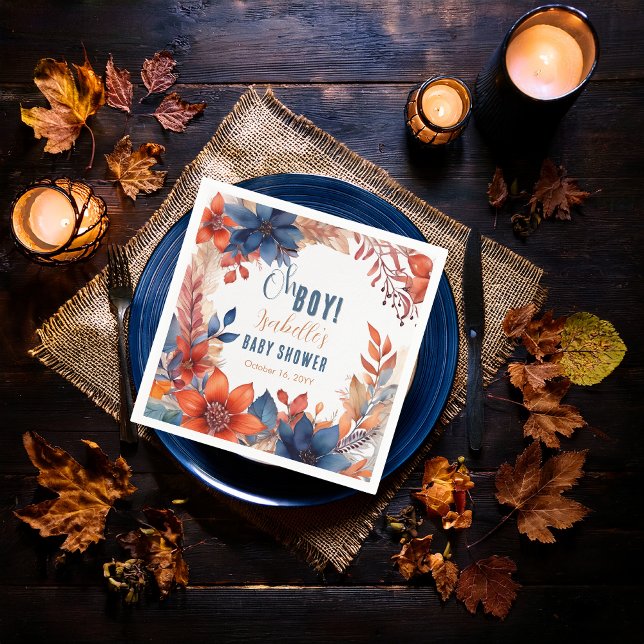 Blue | Terracotta Oh Boy Fall Floral Baby Shower Napkins (Boho Blue and Terracotta Fall |  Autumn Floral "Oh Boy!" Baby Shower Paper Napkins)