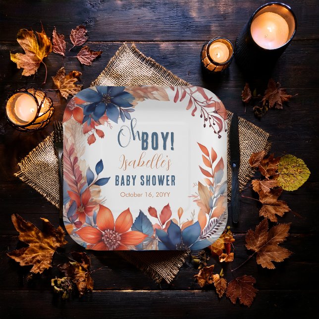 Blue | Terracotta Oh Boy Fall Floral Baby Shower Paper Plates (Boho Blue and Terracotta Fall |  Autumn Floral "Oh Boy!" Baby Shower Square Paper Plates)