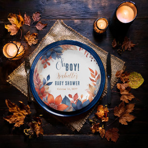 Blue Terracotta Oh Boy Fall Floral Baby Shower Paper Plates