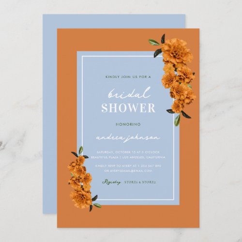 Blue Terracotta Orange Floral Summer Bridal Shower Invitation