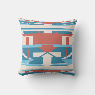 Blue Terracotta Red on Beige Southwest Look Mosaic Throw Pillow
