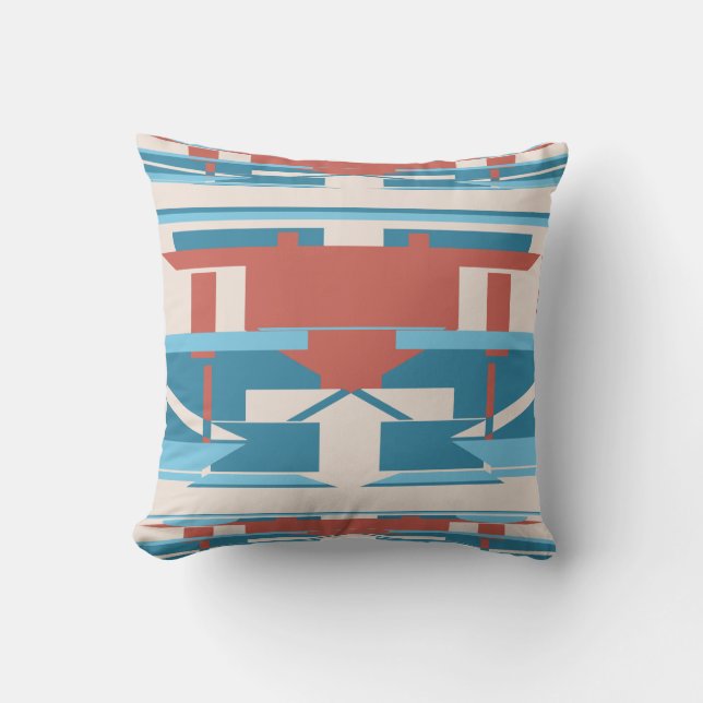 Blue Terracotta Red on Beige Southwest Look Mosaic Throw Pillow (Front)
