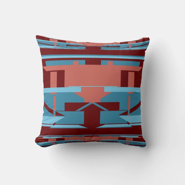 Blue Terracotta Red on Burgundy Southwest Mosaic Throw Pillow (Front)