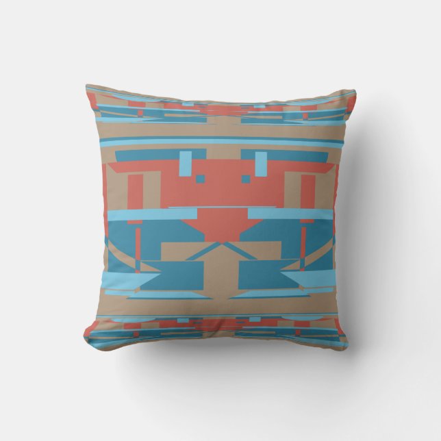Blue Terracotta Red on Taupe Southwest Art Look Throw Pillow (Front)