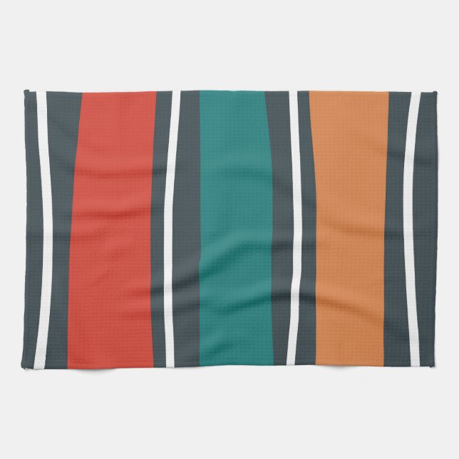 Blue terracotta red white retro waves kitchen towel (Horizontal)