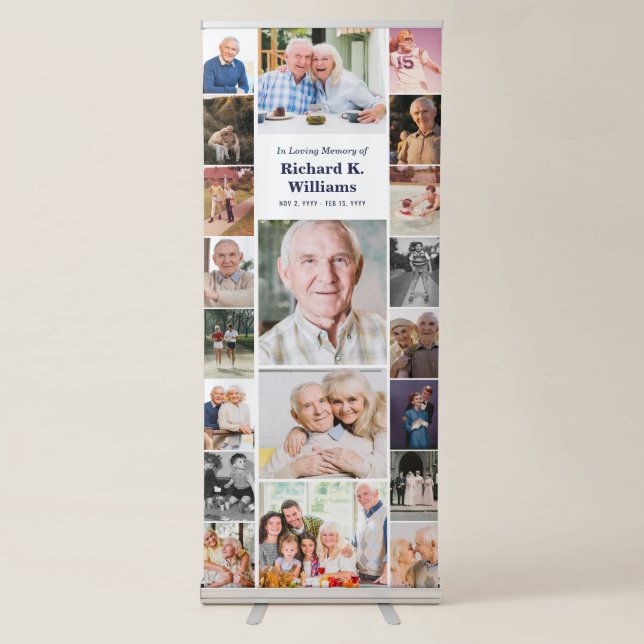Blue Text Border of 20 Photos In Loving Memory Retractable Banner (Front)