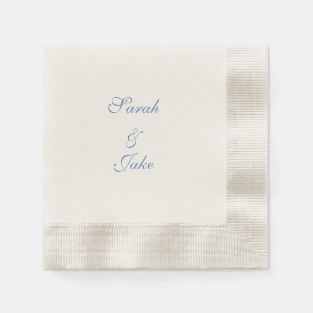 Blue Text Cream Wedding Coined Napkins (Front)