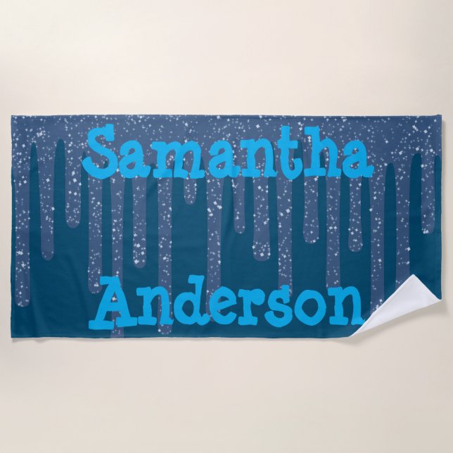 Blue Text Sparkly Wax Personalized Beach Towel (Front)