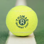 Blue text sports custom monogram name and team tennis balls<br><div class="desc">Personalized balls with your name and family name initial and team,  club or place you play. Currently reads Thomas R Belmont East. Personalize these bold dark blue circle monogram sports style balls with your own name and initial and team name or club. Designed by www.mylittleeden.com on zazzle.</div>