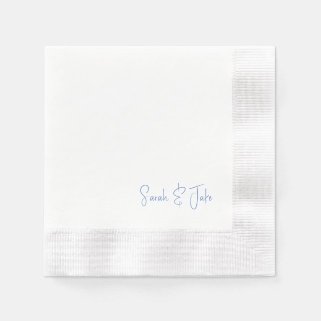 Blue Text White Modern Script Wedding Coined Napkins (Front)