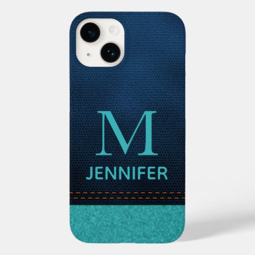 Blue Textured Leather Monogram Personalized Name Case_Mate iPhone 14 Case