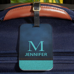 Blue Textured Leather Monogram Personalized Name Luggage Tag