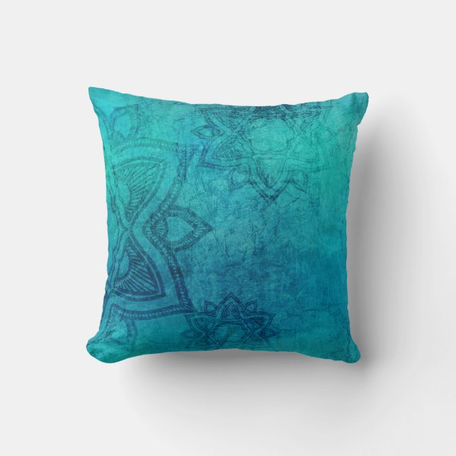 Blue Textured Lotus Throw Pillow (Front)
