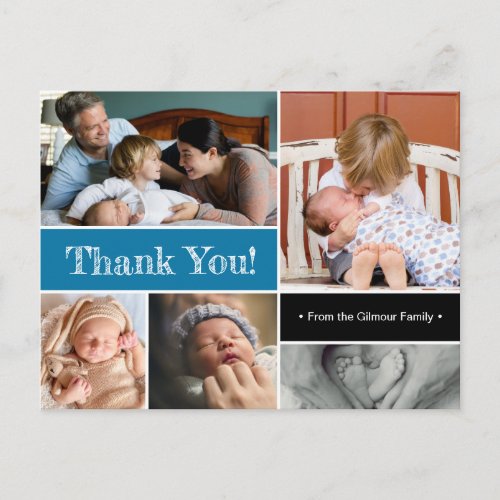 Blue Thank You and Introducing Second baby Photos Announcement Postcard